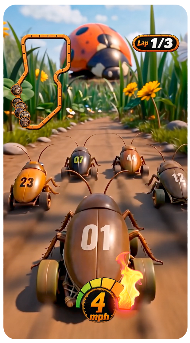 Playable Insect Race a cockroach in a video game setting racing against other cockroaches